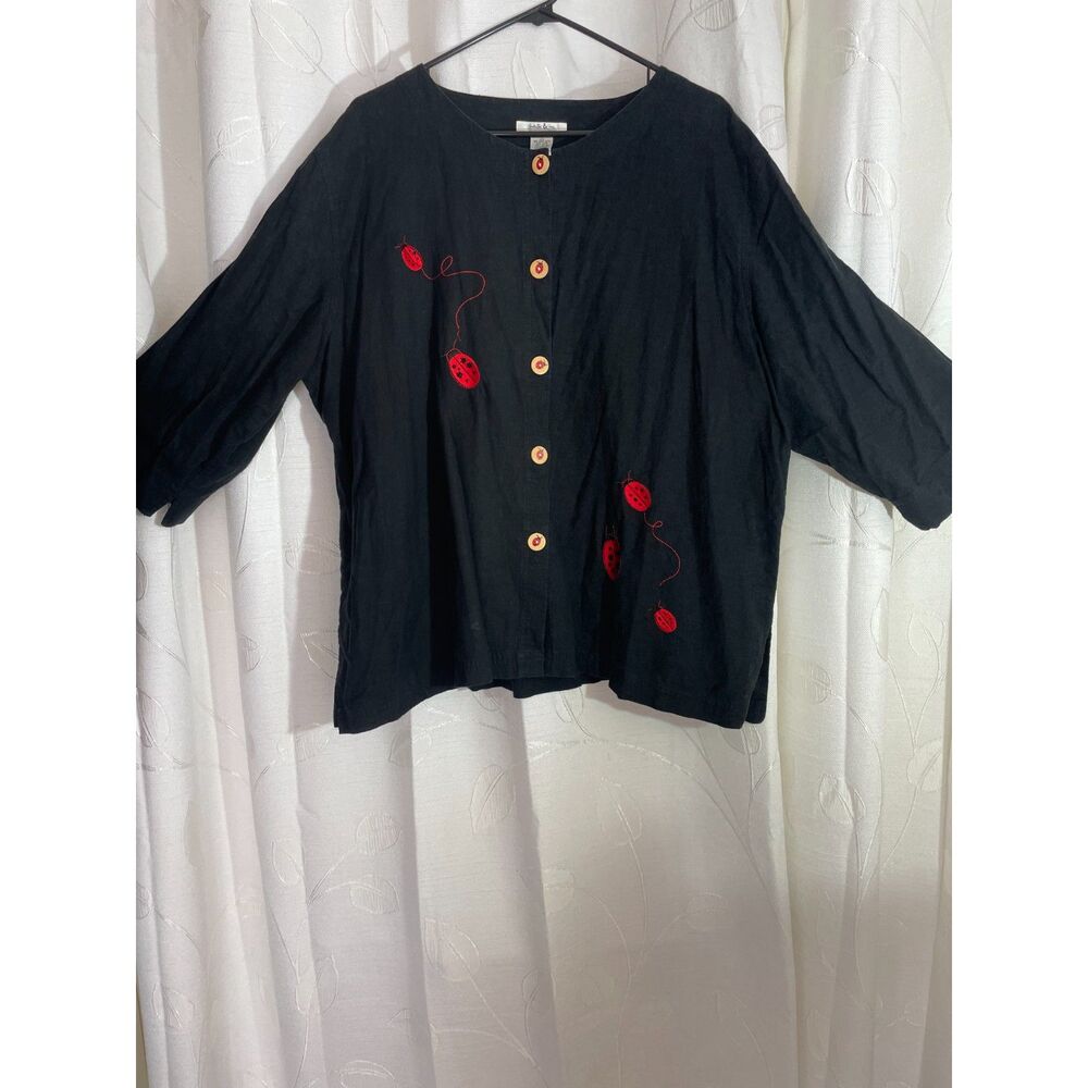 Natalie & Me Black Embroidered Ladybug Button-Up Blouse Top Whimsigoth
